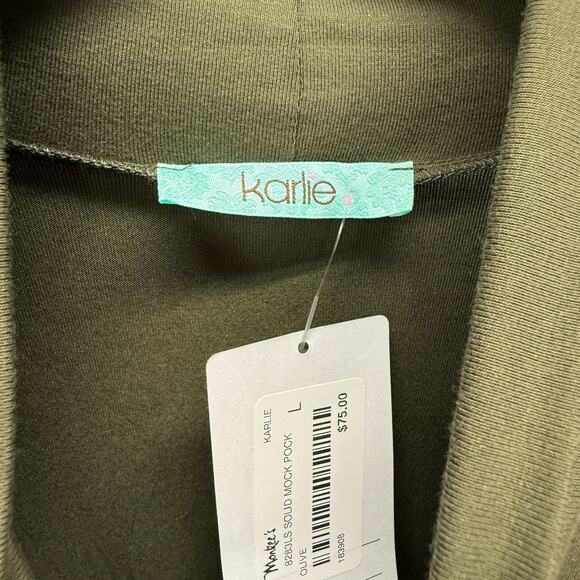 Karlie Mock Neck Solid Long Sleeve Dress Size L Olive Green Pockets New - Picture 4 of 6